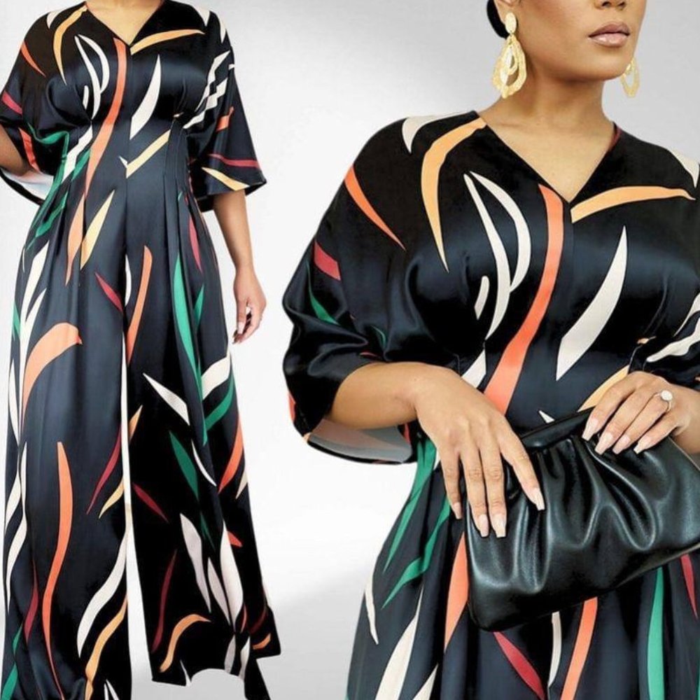 Plus-Size Black Abstract Print Jumpsuit